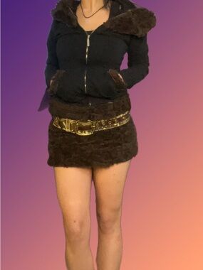 Plush Faux Fur Mini Skirt in Dark Brown